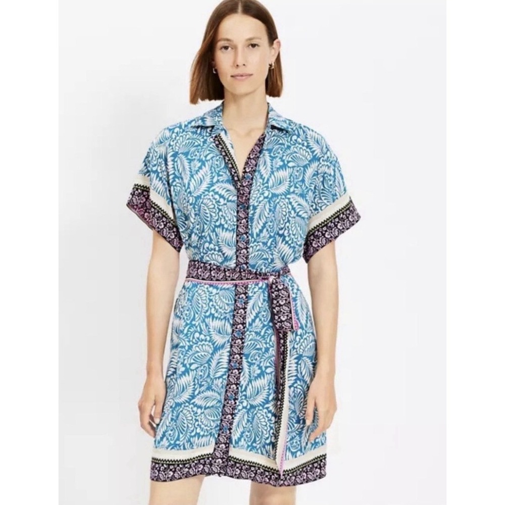 LOFT Women's Teal Palm‎ Collared Tie Waist Mini Dress Tropical Size 2 New $90